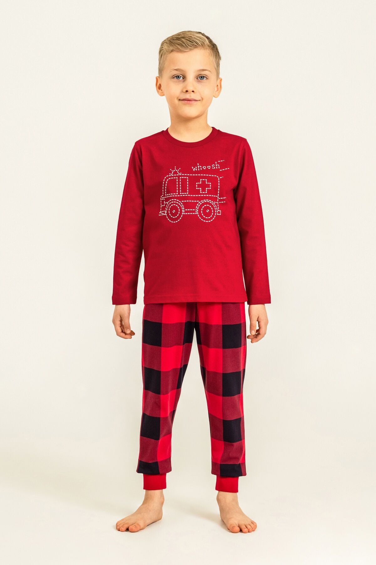 ROLYPOLY - Rolypoly Erkek Çocuk Whoosh Ambulance Kırmızı Uzun Kol Pijama Takım RP3871-C-V1