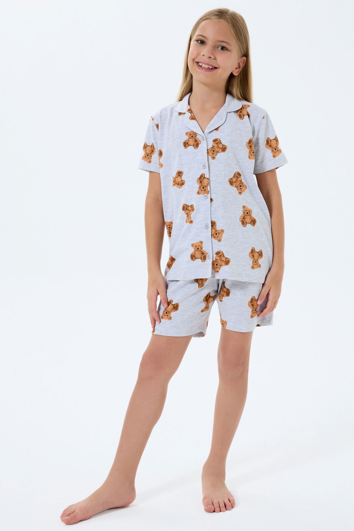 Rolypoly - Rolypoly Kız Çocuk Gri Gömlek Şort Takım (1)