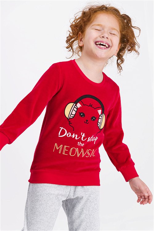 Rolypoly Don'T Stop Meowsic Kırmızı Kız Çocuk Pijama Takımı