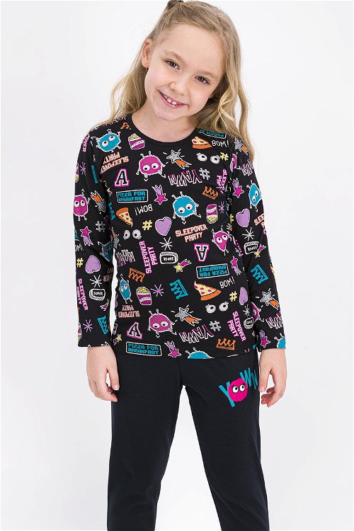 Rolypoly Monster Yawn Siyah Kız Çocuk Pijama Takımı
