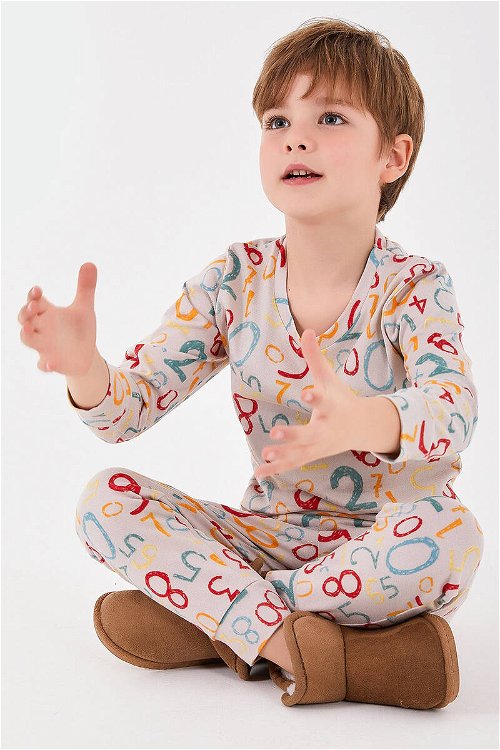 RolyPoly Numbers Bej Erkek Çocuk Uzun Kol Pijama Takım
