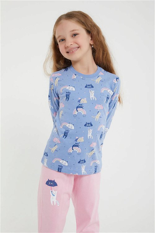 RolyPoly Rainbow Mavi Kız Çocuk Uzun Kol Pijama Takım