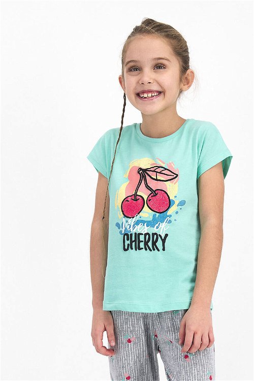 Rolypoly Vibes Of Cherry Nil Yeşili Kız Çocuk Kısa Kol Pijama Takımı