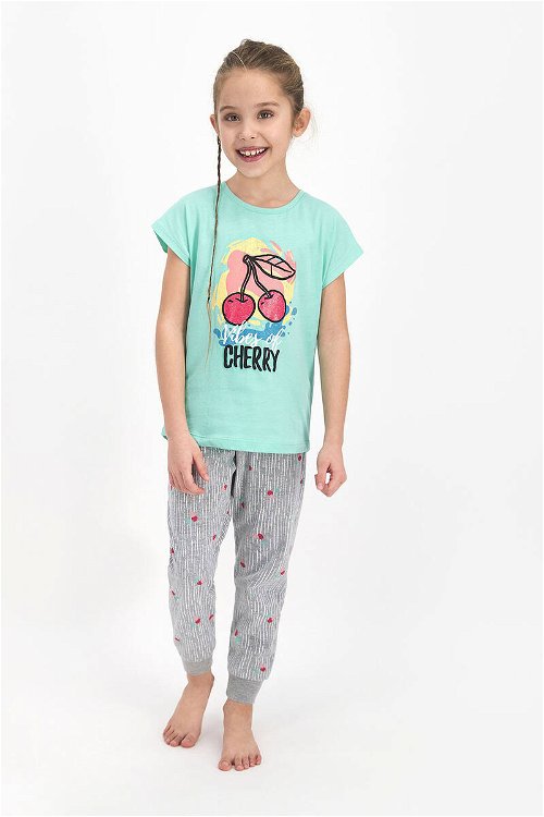 Rolypoly Vibes Of Cherry Nil Yeşili Kız Çocuk Kısa Kol Pijama Takımı