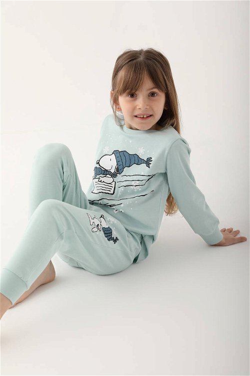 Snoopy Açık Mint Kız Çocuk Uzun Kol Pijama Takım