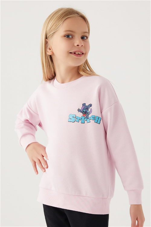 Stitch Shape Toz Pembe Kız Çocuk Sweatshirt