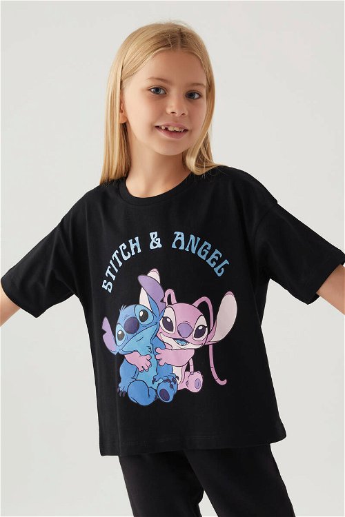 Stitch Angel Siyah Kız Çocuk T-Shirt