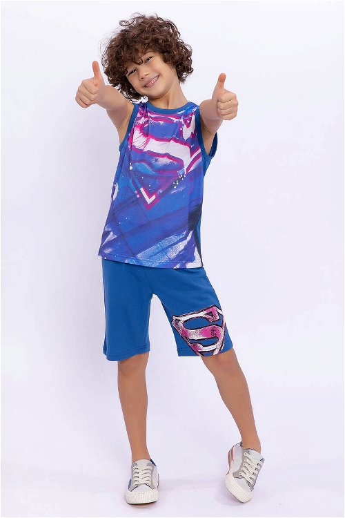 Superman Lisanslı Cobalt Mavi Erkek Çocuk Kolsuz Bermuda Takımı