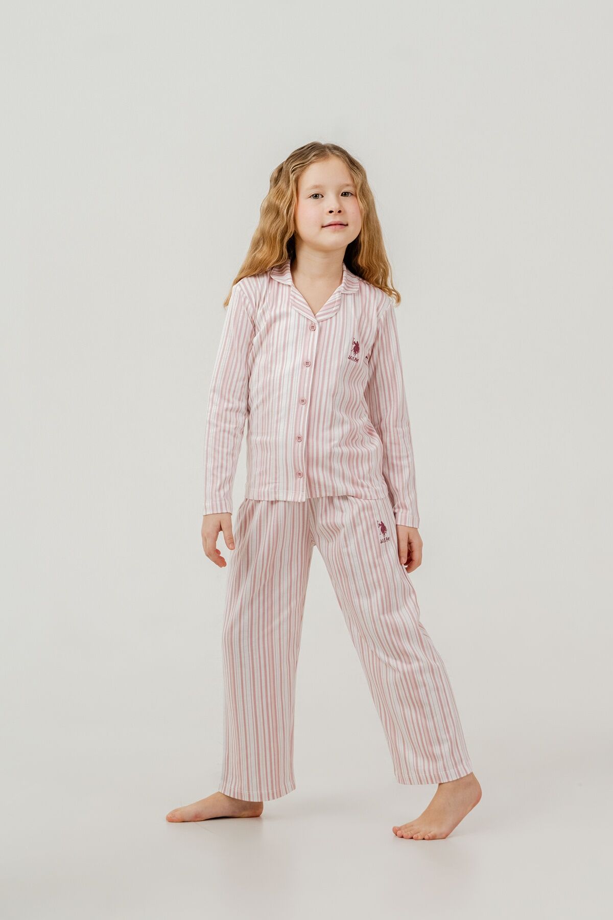 U.S POLO ASSN - U.S. Polo Assn. Kız Çocuk Gömlek Pijama Takımı Nakışlı Krem Uzun Kol Pijama Takımı US2728-C-V1