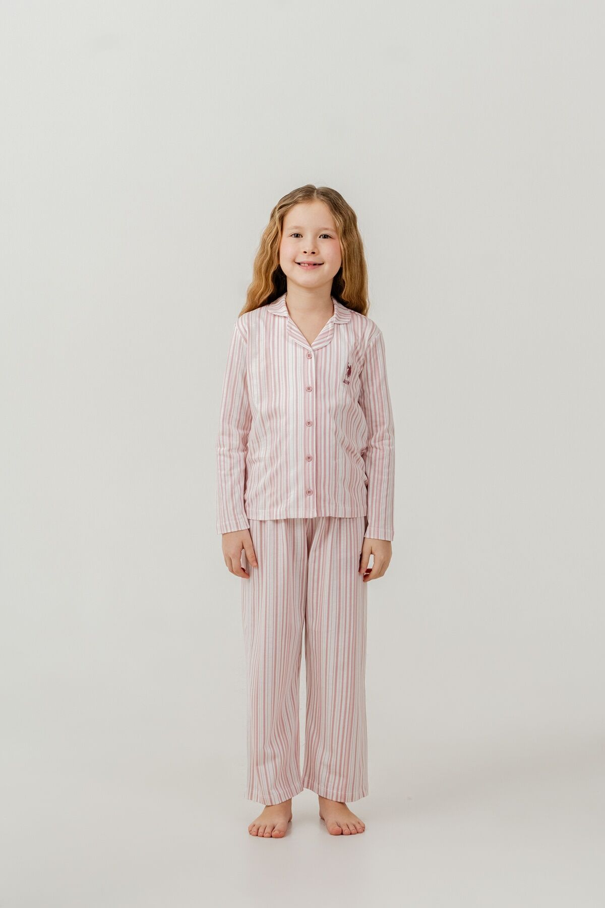 U.S POLO ASSN - U.S. Polo Assn. Kız Çocuk Gömlek Pijama Takımı Nakışlı Krem Uzun Kol Pijama Takımı US2728-C-V1 (1)