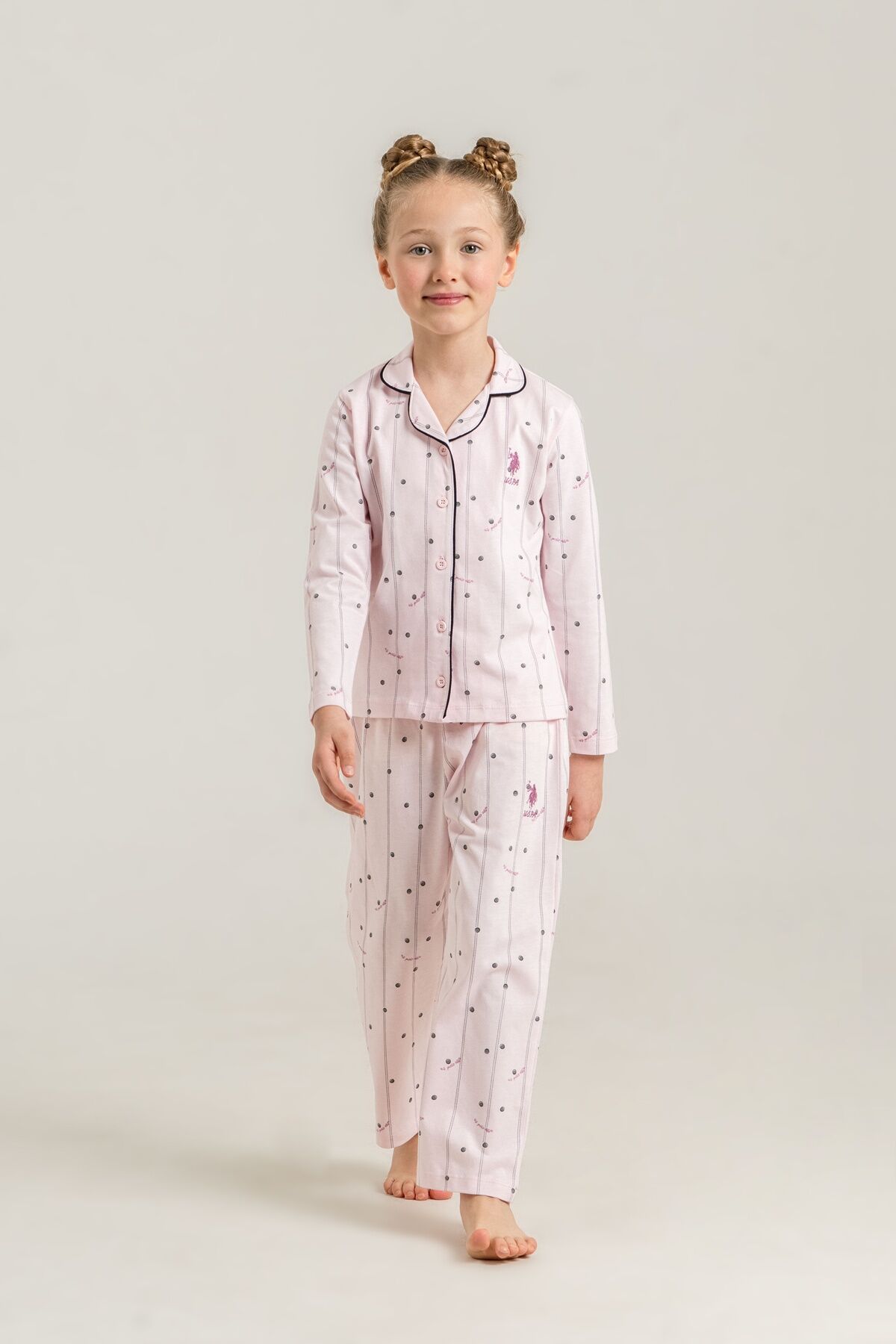 U.S POLO ASSN - U.S. Polo Assn. Kız Çocuk Gömlek Pijama Takımı Nakışlı Pembe Uzun Kol Pijama Takımı US2726-C-V2
