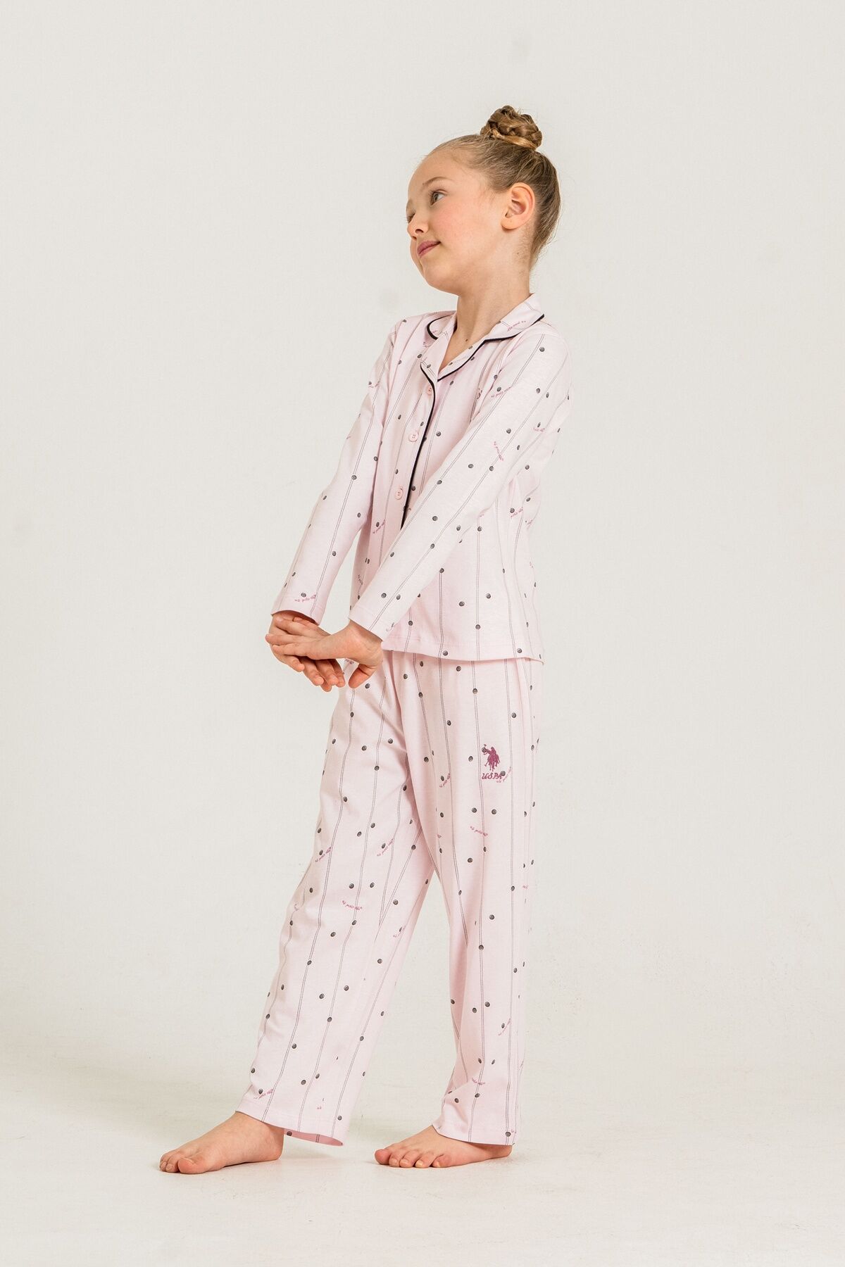 U.S POLO ASSN - U.S. Polo Assn. Kız Çocuk Gömlek Pijama Takımı Nakışlı Pembe Uzun Kol Pijama Takımı US2726-C-V2 (1)