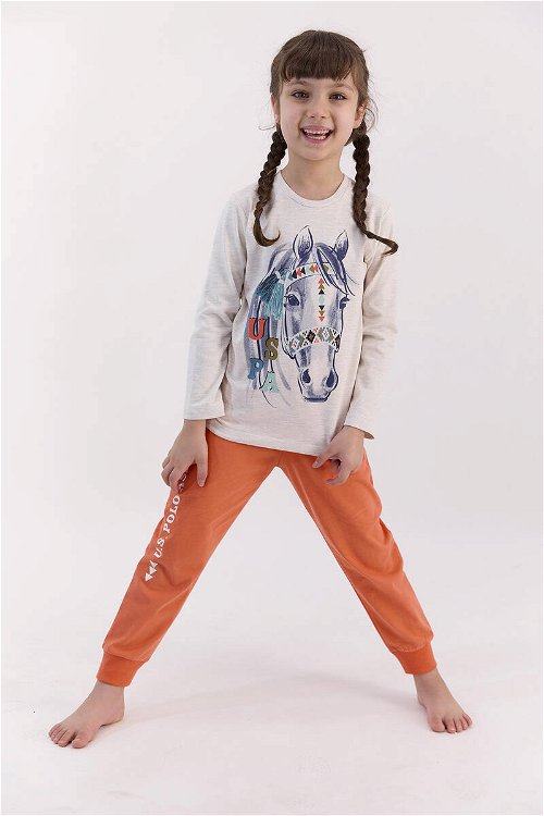 U.S. Polo Assn Kremmelanj Kız Çocuk Uzun Kol Ribanalı Pijama Takımı