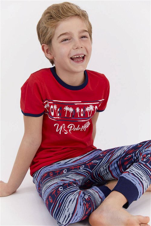 U.S. Polo Assn Lisanslı Skate Kırmızı Lacivert Genç Erkek Kısa Kol Pijama Takımı