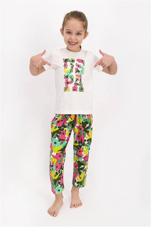 U.S. Polo Assn Lisanslı Floral Pattern Vanilya Kız Çocuk Kısa Kol Pijama Takımı
