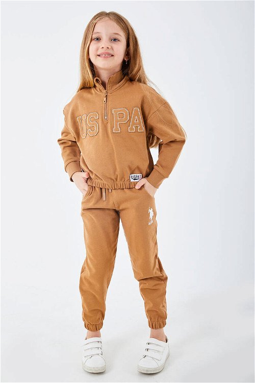 U.S. Polo Assn Lisanslı Kahverengi Kız Çocuk Yaka Fermuarlı Eşofman Takım