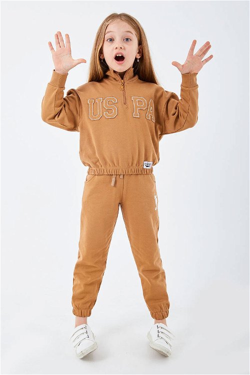 U.S. Polo Assn Lisanslı Kahverengi Kız Çocuk Yaka Fermuarlı Eşofman Takım