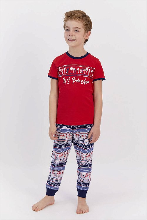 U.S. Polo Assn Lisanslı Skate Kırmızı Krem Genç Erkek Kısa Kol Pijama Takımı