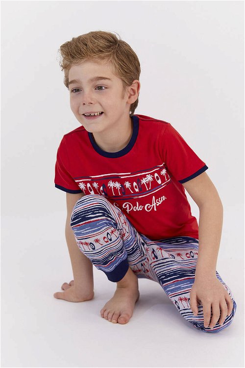 U.S. Polo Assn Lisanslı Skate Kırmızı Krem Genç Erkek Kısa Kol Pijama Takımı