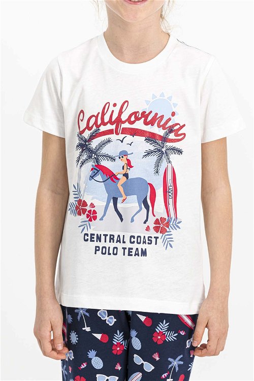 U.S. Polo Assn Lisanslı Krem Kısa Kollu Kız Çocuk Pijama Takımı
