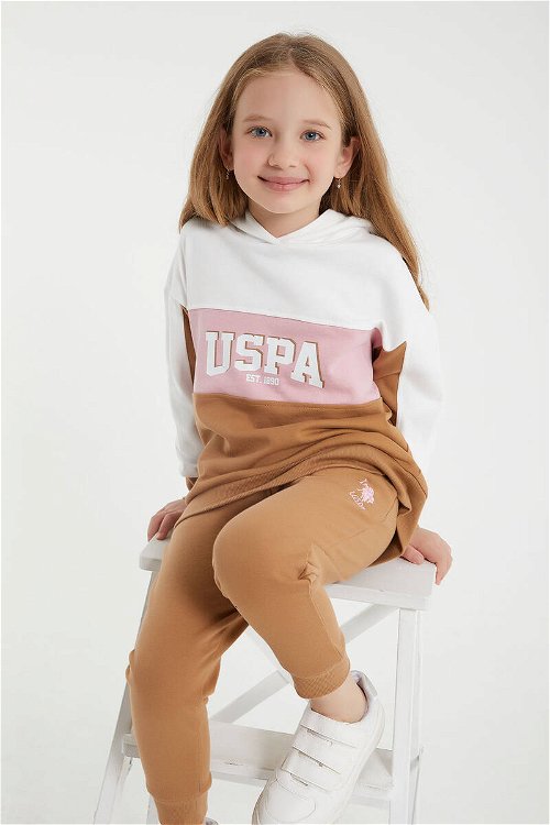 U.S. Polo Assn Lisanslı Krem Kız Çocuk Kapüşonlu Eşofman Takım