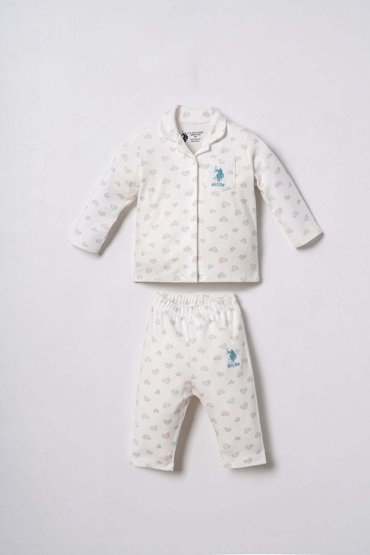 U.S POLO ASSN - U.S. Polo Assn. Nakışlı Kız Bebek Cute Hearts Beyaz Gömlek Pijama Takımı USB3203-C-V1