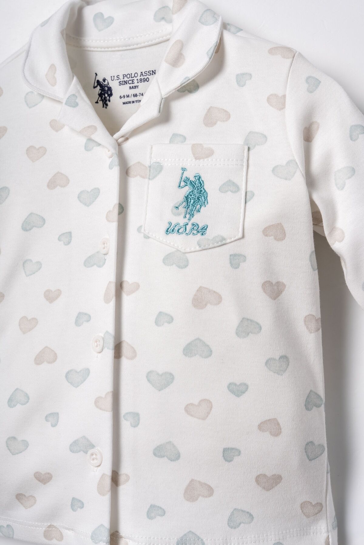 U.S POLO ASSN - U.S. Polo Assn. Nakışlı Kız Bebek Cute Hearts Beyaz Gömlek Pijama Takımı USB3203-C-V1 (1)