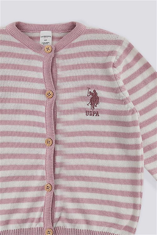 U.S. Polo Assn Pembe Çizgili Düğmeli Bebek Bebek Hırka