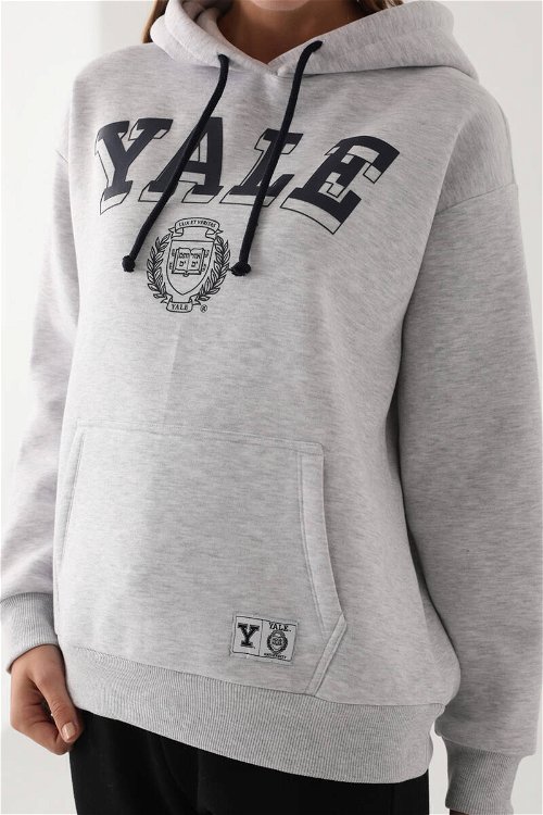 Yale Kar Melanj Kanguru Cep Kapüşonlu Kadın Sweatshirt