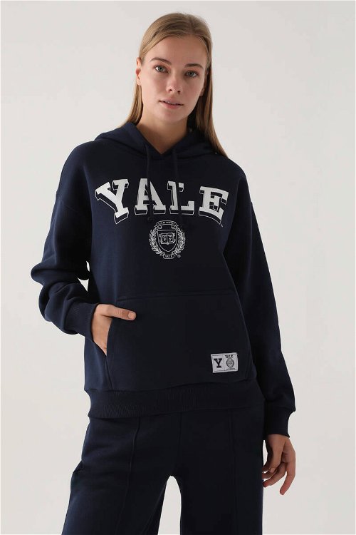 Yale Lacivert Kapüşonlu Cep Detay Kadın Sweatshirt