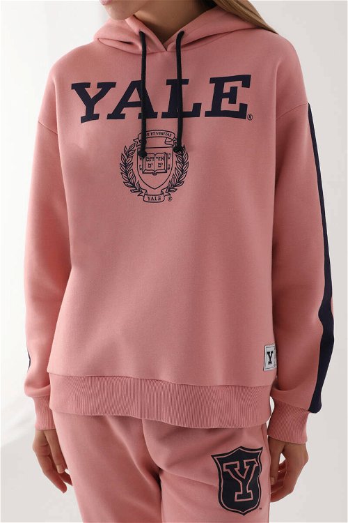 Yale Pembe Kapüşonlu Baskı Detay Kadın Sweatshirt